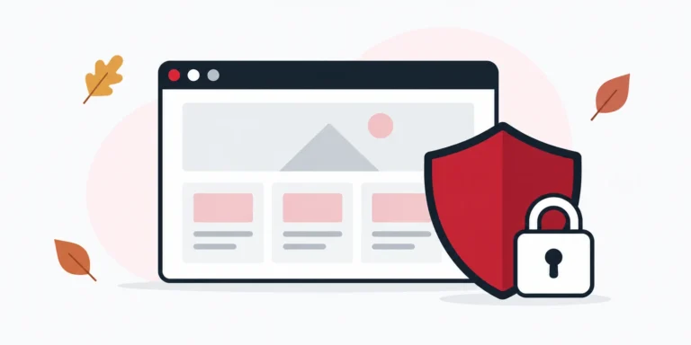 Illustration of a website protected by a red shield and padlock, surrounded by autumn leaves for Cyber Security Awareness Month.