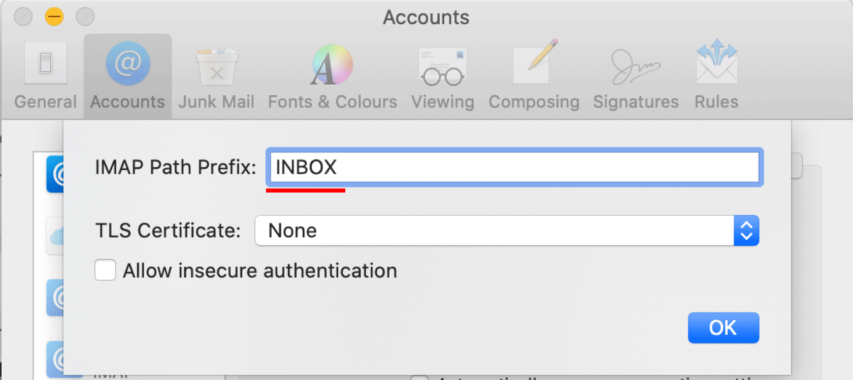 macos apple mail imap path prefix inbox