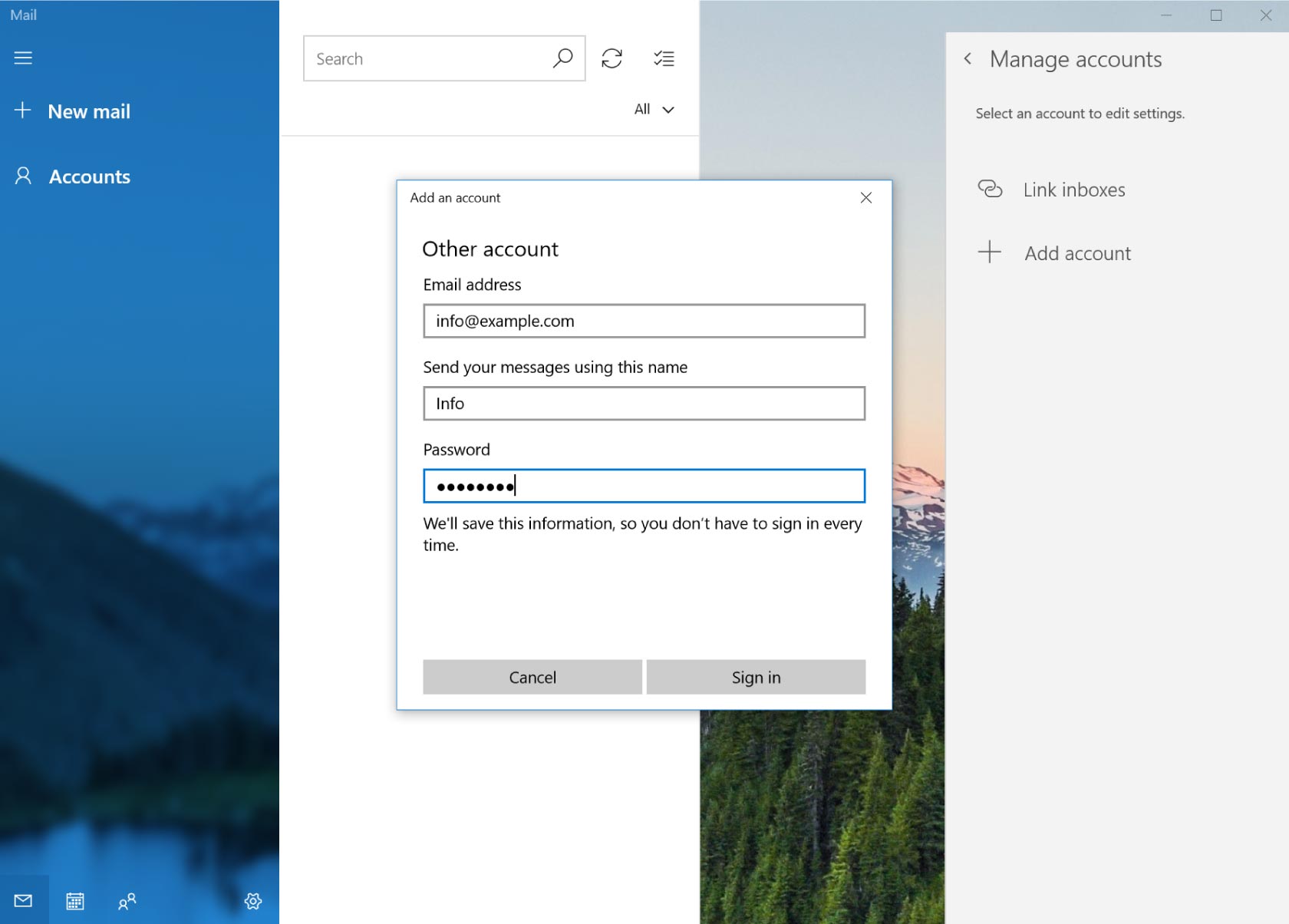 Enter Email Details Windows 11 and Windows 10 Mail App