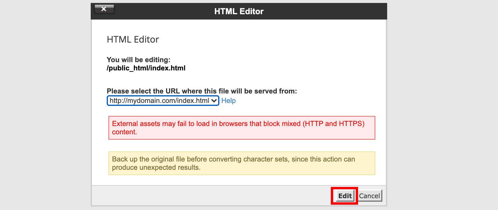 Pop-up window for HTML editor file
