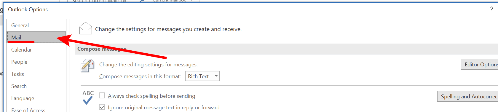 Mail tab in Outlook options