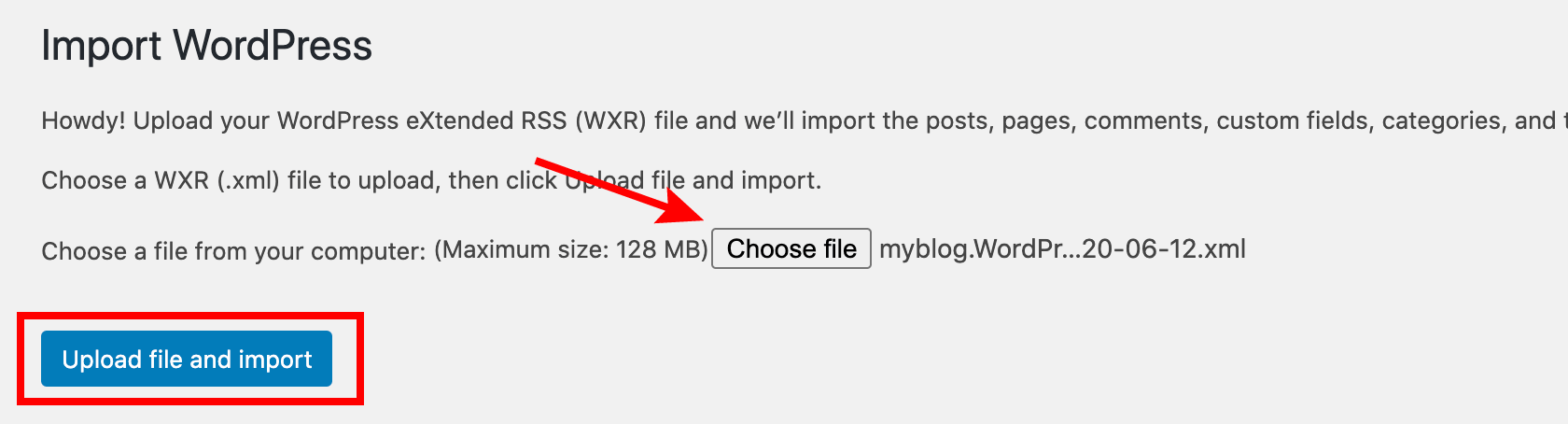 Choose a file to import into WordPress