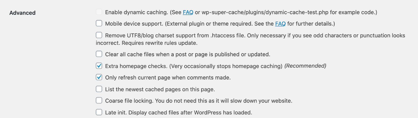 WP Super Cache recommended Advanced settings